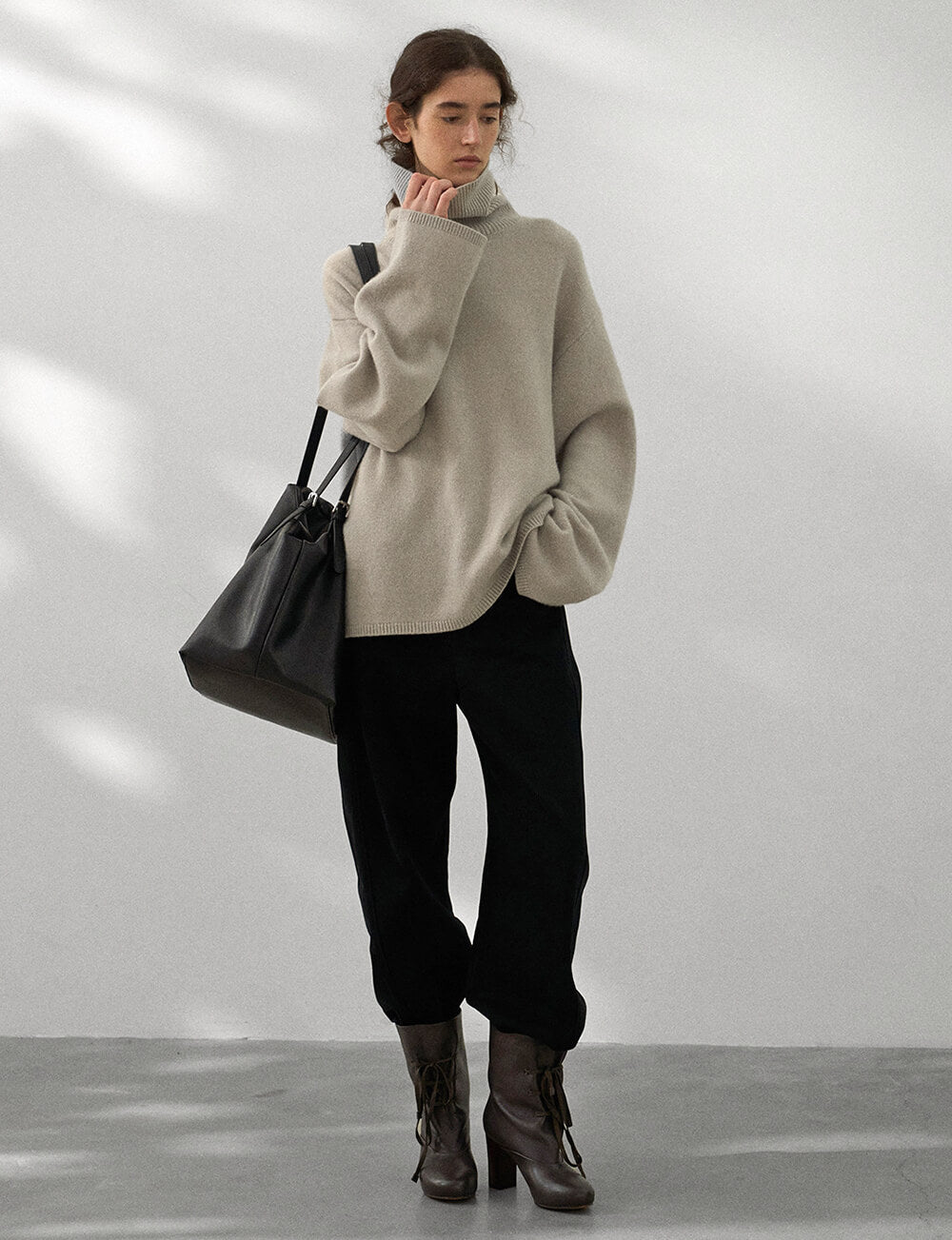 Soft Wool Turtleneck Sweater in Pale-Stone