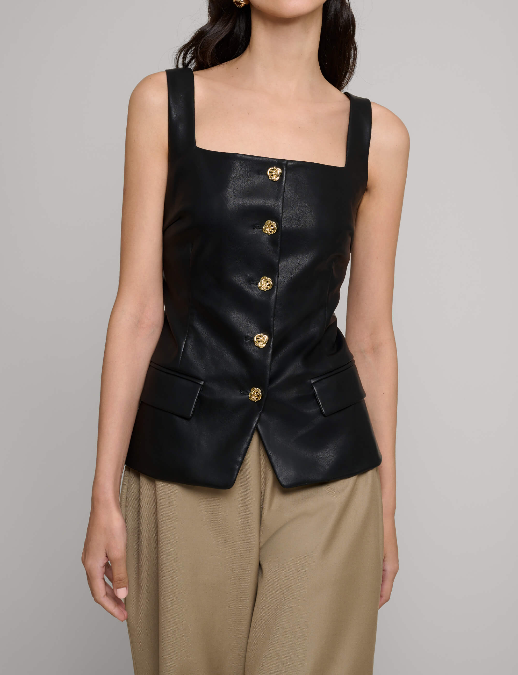 Agatha Leather Gold-Button Top