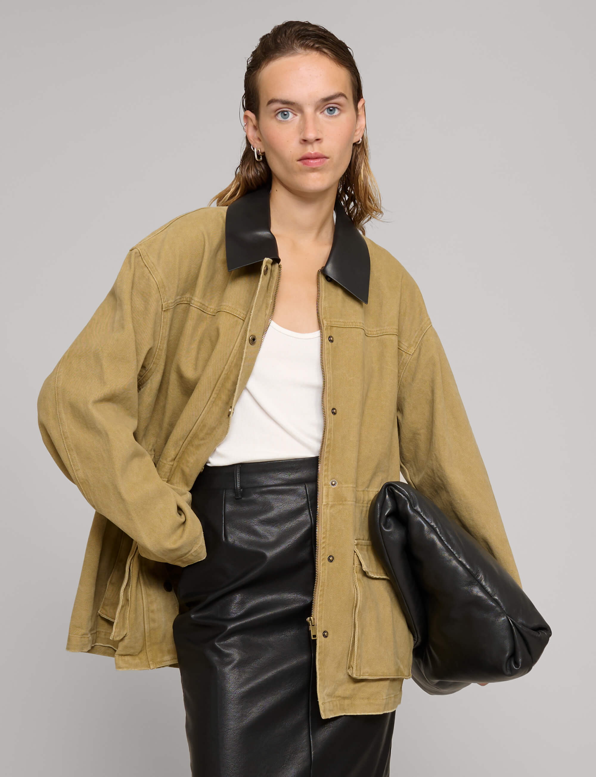 Leather Collar Cotton Utility Jacket- PREORDER